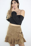 camel brown ruffle mini skirt front