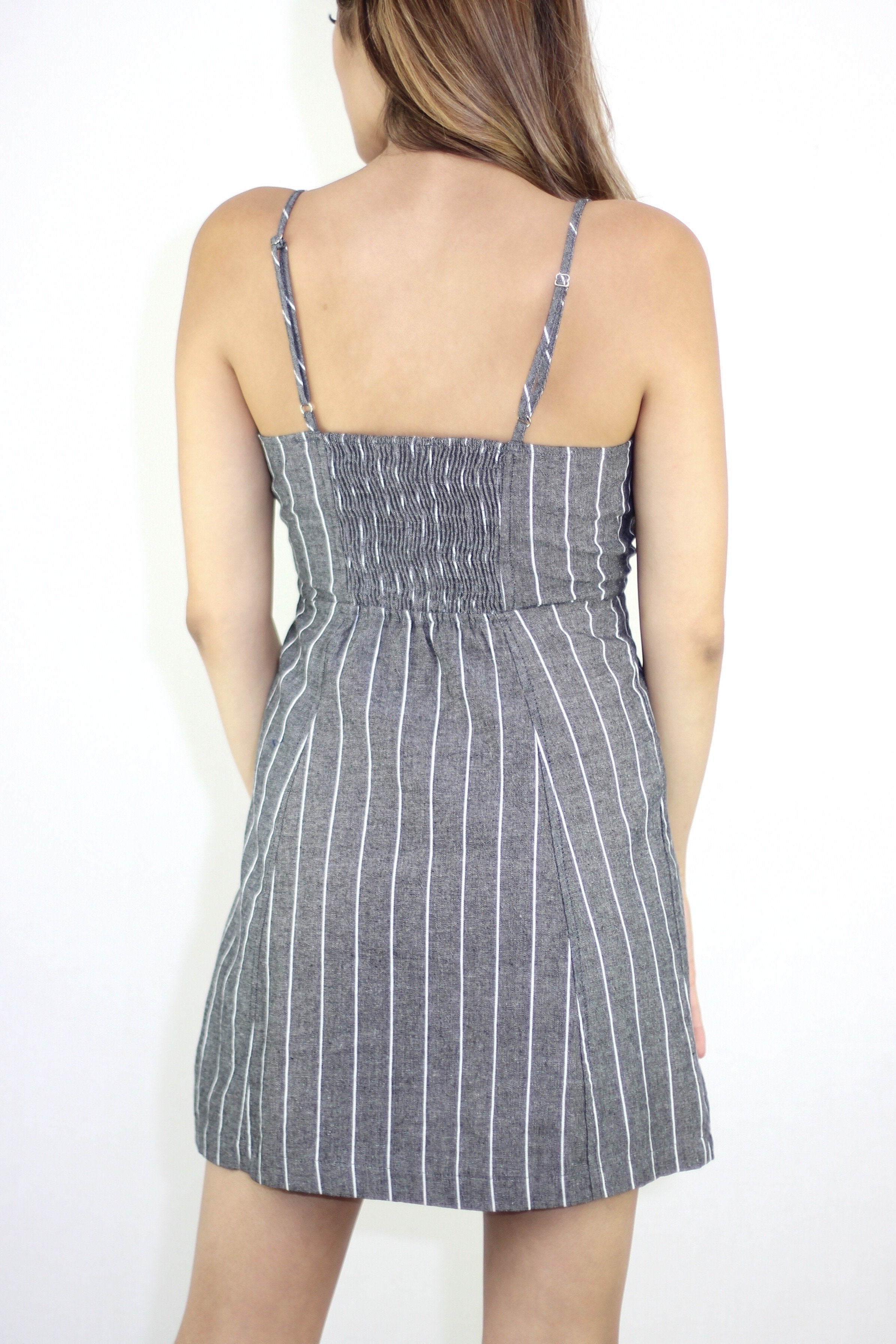 casual grey striped mini dress buttons smocked back comfy