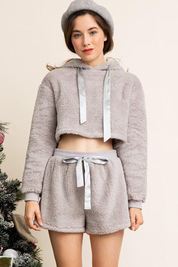 grey soft cropped hoodie sweater shorts pajama lounging set satin tie strings